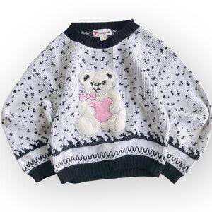 Vintage Picamo White Black Knit 3D Teddy Bear Heart Sweater Girls 5/6 80s Retro